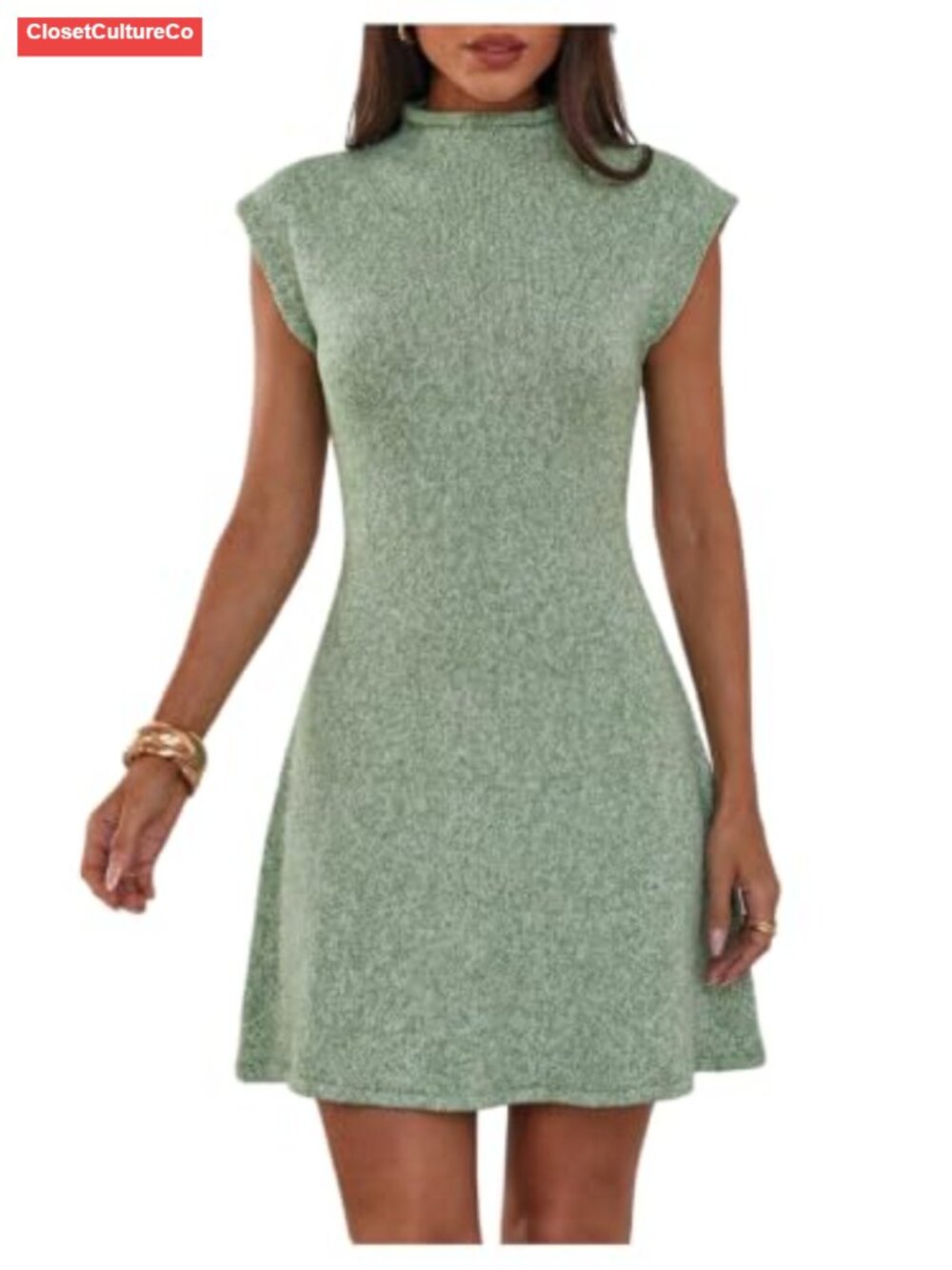 Cap Sleeve Mini Sweater Dress Mock Neck A-Line Business Casual